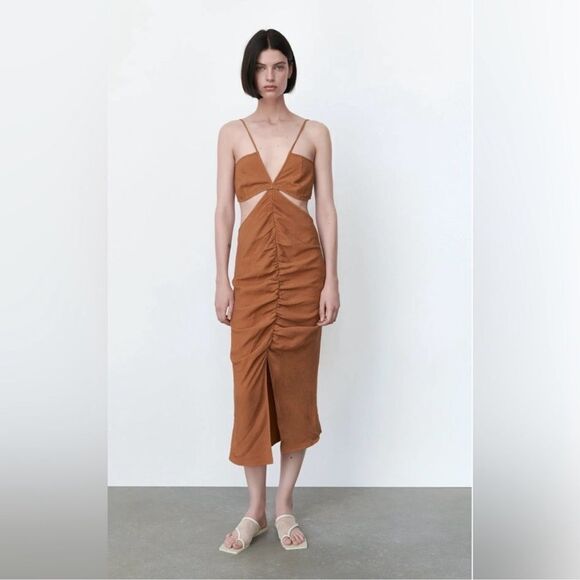 ZARA Terracotta Brown Ruched Midi Cut Out Tie Back Dress Size M NWT Rust - Picture 1 of 12